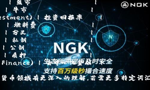 以下是一些常见的加密货币相关词汇及其中文对照：

| 英文词汇          | 中文翻译          |
|-------------------|-------------------|
| Cryptocurrency     | 加密货币           |
| Blockchain          | 区块链             |
| Bitcoin             | 比特币             |
| Ethereum            | 以太坊             |
| Altcoin             | 山寨币             |
| Wallet              | 钱包               |
| Mining              | 挖矿               |
| Ledger              | 账本               |
| Token               | 代币               |
| Smart Contract      | 智能合约           |
| Decentralization    | 去中心化           |
| ICO (Initial Coin Offering) | 初始币发行   |
| Exchange            | 交易所             |
| Trading Pair        | 交易对             |
| HODL                | 长期持有           |
| FOMO (Fear of Missing Out) | 害怕错过      |
| Bear Market         | 熊市               |
| Bull Market         | 牛市               |
| ROI (Return on Investment) | 投资回报率    |
| Gas Fees            | 燃料费             |
| Fork                | 分叉               |
| Private Key         | 私钥               |
| Public Key          | 公钥               |
| Staking             | 质押               |
| DeFi (Decentralized Finance) | 去中心化金融  |

这些词汇可以帮助对加密货币领域有更深入的理解。若需更多特定词汇或详细解释，请随时告知！